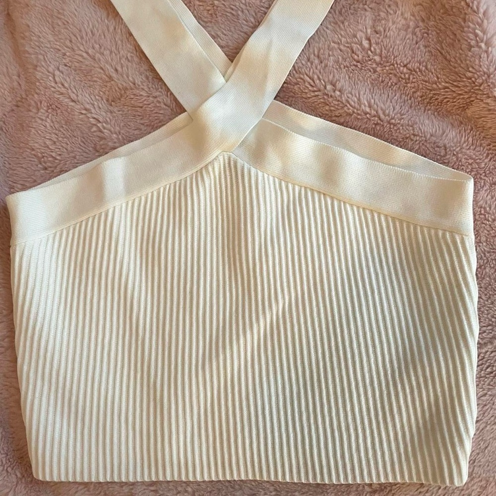 White Ribbed Cross Halter Top - Picture 2 of 2
